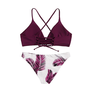 Ensemble de bikini 2 pièces pour femmes, haut croisé à bretelles croisées avec bas imprimé végétal, maillot de bain extensible en spandex et polyester - Product Image 2