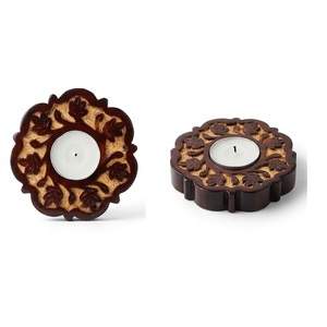 Support décoratif en bois pour Diya floral, lot de 2 bougeoirs artisanaux en bois imprimé au bloc pour bougies chauffe-plat - Product Image 4