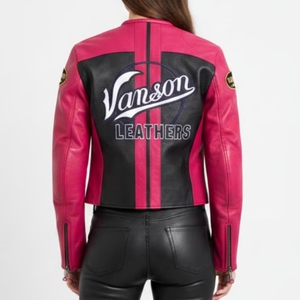 Vanson Inspired Black & Pink Leather <b>Racing</b> <b>Jacket</b> | Retro Motorsport Streetwear Coat High-Volume Retro Motorsport Outerwear - Product Image 4