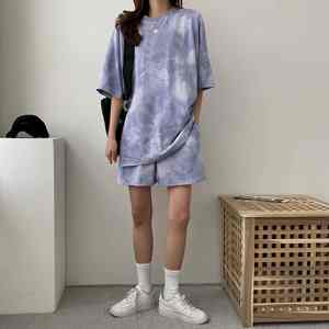 Tie Dyed Print Women <b>Short</b> Sleeve O neck T shirt Elastic Waist Pockets <b>Shorts</b> <b>Lady</b> Summer Loose Women T Shirt - Product Image 2