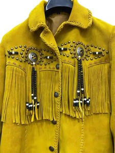 Yellow Suede Leather Knitted <b>Fringe</b> Bomber <b>Jacket</b> Western Style Unisex Zipper Closure Regular Length Windproof Waterproof Crew - Product Image 3