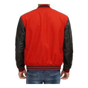 <b>Men's</b> Red Varsity <b>Jacket</b> With Black PU <b>Leather</b> Sleeves Button Closure Casual Autumn Wear - Product Image 2