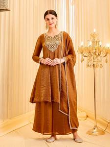 Conjunto de Salwar Kameez de Seda Naranja para Mujer con Dupatta Bordada, Traje Tradicional Étnico para Boda, Corte Holgado, Largo hasta el Tobillo - Product Image 4