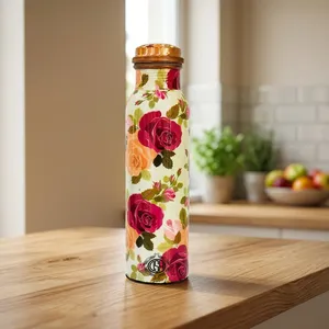 Bouteille d'eau en cuivre avec impression de roses émaillées, bouteille de boisson pour les voyages, le bureau, les pique-niques en plein air, l'école, l'université, l'hôpital - Product Image 2