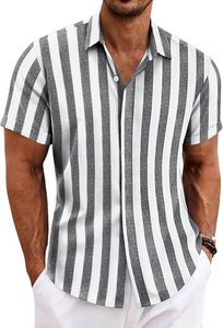 Chemises en coton pour hommes en gros, ODM, à manches courtes, imprimées feuilles de palmier hawaïennes, rayées, décontractées, avec patte de boutonnage recouverte, pour l'été et la plage - Product Image 3