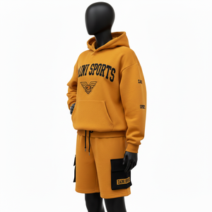 Conjunto de Sudadera con Capucha y Pantalones Cortos de Felpa de Algodón Grueso de 320 GSM para Mujer, Color Mostaza con Paneles Negros Tipo Cargo, Estampado Personalizado - Product Image 4