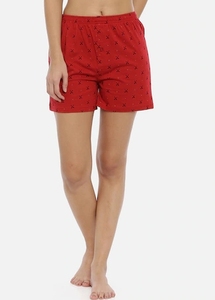 Women's Red Printed Cotton Shorts Mid Waist <b>Elastic</b> Knitted Breathable Regular Fit Casual Style Dot Pattern - Product Image 1