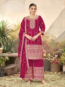 Costume palazzo pour femme en chinon pur, brodé, pour fêtes, mariages et occasions festives, export Inde, prix de gros. - Product Image 3