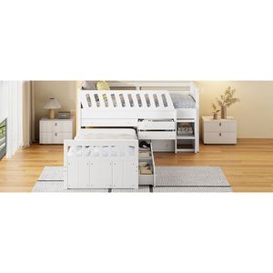 White L-Shaped Twin Loft and Platform <b>Bed</b> with 7 Drawers and Full Guardrails <b>Space</b>-<b>Saving</b> Wooden <b>Beds</b> - Product Image 6