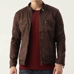 <b>Men's</b> Brown Suede Motorcycle <b>Jacket</b> Stand Collar Zipper Closure Regular Fit Moto Biker Style Autumn Wear - Product Image 1