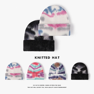 Bonnet unisexe tie-dye rose et bleu marine avec patch carré, style streetwear, bonnet d'hiver pour adultes, tenue décontractée - Product Image 6