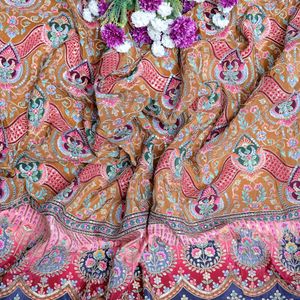 Tissu en crêpe marron ocre brodé, 54 pouces, motif floral, bordure Daman, léger, tissé, pour Kurti, Anarkali, robe de créateur, fournisseur indien - Product Image 6