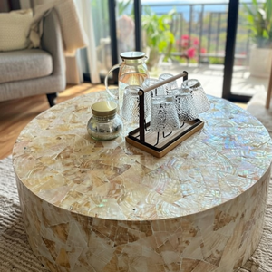 Mesa de Centro Decorativa de Lujo con Incrustaciones de Nácar Hechas a Mano, Diseño Floral, Redonda, con Incrustaciones de Hueso - Product Image 3