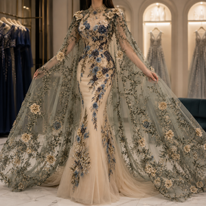 Robe de soirée sirène de luxe brodée florale avec cape transparente, col montant, soutien-gorge intégré et traîne Watteau - Robe de mariée de créateur - Product Image 3