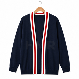 HMR Women Acrylic Sisterhood Women's <b>Navy</b> Knitted <b>Cardigan</b> Long Sleeve V-Neck Contrast Stripe Casual Sweater All Seasons Wear - Product Image 4