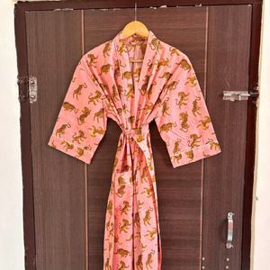 Albornoz Kimono de Algodón con Estampado de Bloques Personalizado al por Mayor, con Cinturón y Diseño Cruzado en la Cintura, Bata de Baño para Mujer - Product Image 1