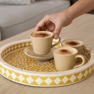 Handmade <b>Yellow</b> Bone Inlay Round Serving Tray Decorative <b>Coffee</b> <b>Table</b> Ottoman Tea Breakfast Serving Tray Floral Wooden Vanity - Product Image 1