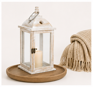 Farol de Madera Blanca Lavada, Estilo Vintage, para Decoración del Hogar y Jardín, con Paneles de Vidrio, Portavelas Decorativo - Product Image 4
