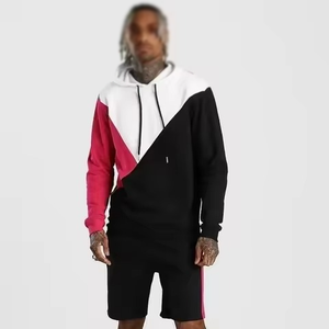 Conjunto de Sudadera con Capucha y Pantalones Deportivos para Hombre, Diseño Color Block, Negro, Rosa y Blanco, Manga Larga, Estilo Urbano, Corte Regular, Cierre con Cordón, Bolsillos Laterales - Product Image 1