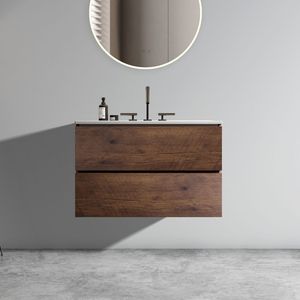 Mobile bagno sospeso in noce da 76 cm con ampio spazio contenitivo, lavabo in ceramica e tre fori per rubinetteria - Product Image 1