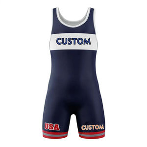 Singlet de Lucha Libre Personalizado para Hombre, Sublimado, Azul Marino, Estilo Americano, Uniforme Ajustado de Una Pieza - Product Image 1