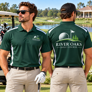 T-shirt de golf personnalisé pour le personnel de parcours de golf, uniforme de club de golf, logo imprimé numériquement sur le devant, performance optimisée, 100% ODM - Product Image 1