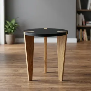 Modern Mango Wood <b>Side</b> <b>Table</b> Round Black Top Handmade Accent Furniture For Living Room Bedroom <b>Sofa</b> Corner Home Interior - Product Image 1