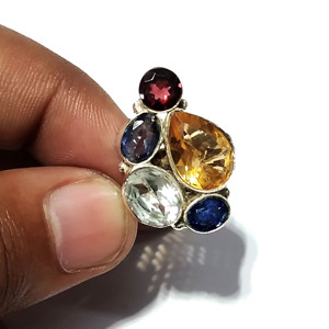 KGN SILVER JEWELLERY HOUSE Rainbow Moonstone Prehnite Amethyst Tourmaline Bezel Set 925 Sterling Silver Gemstone <b>Ring</b> Third - Product Image 2