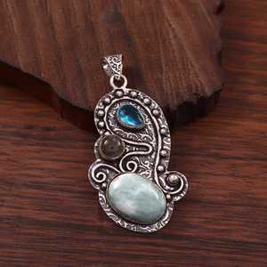 Pendentif élégant en pierre naturelle Larimar, argent sterling 925, plaqué argent/or, style vintage, bijoux de fiançailles, troisième partie - Product Image 6