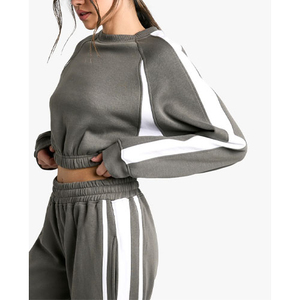Conjunto Deportivo Gris a Rayas para Mujer, Manga Larga, Cuello Redondo, Corte Holgado, Informal, para Otoño, Transpirable, Material de Poliéster, Bolsillos Laterales - Product Image 6