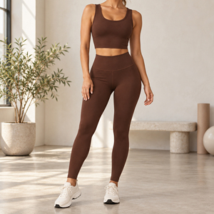 Brown Sleeveless <b>Tank</b> Crop <b>Top</b> Tummy Control Leggings Women Yoga Pilates Lounge Athletic Wear Matching 2 Piece Set - Product Image 4
