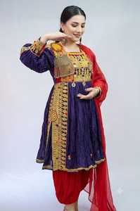Robe afghane Kuchi pour femmes, robe à broderies lourdes, longueur genoux, col bijou, manches longues, couleur contrastée, robe de soirée décontractée - Product Image 3
