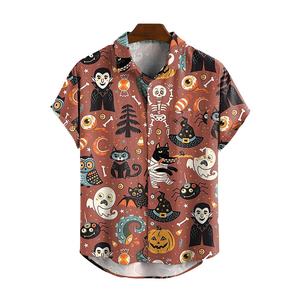 Chemise en coton marron à manches courtes pour homme avec motif d'Halloween, squelette de vampire, chat, citrouille - Product Image 1