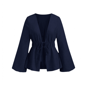 Chemisier décontracté pour femme, col en V, bleu marine uni, manches longues évasées, taille élastique avec ceinture, coupe ample en lin, idéal pour le bureau, toutes saisons - Product Image 1
