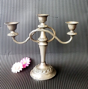 Grand antique silver 7-<b>light</b> table candelabra with an intricately embossed square tiered base and ornate scrolling <b>branches</b>. - Product Image 3