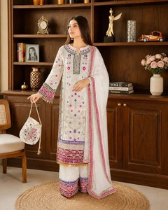 Ensemble Salwar Kameez brodé pour femme avec dupatta, bordure florale, manches longues, en coton/fibre de bambou, tenue de soirée 83392, vente en gros - Product Image 1