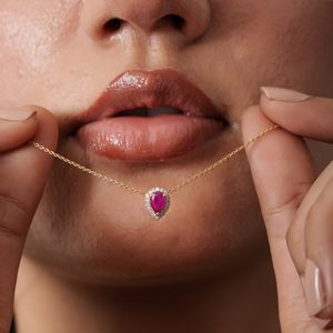 New Trendy Products Minimalist 100% Genuine Ruby & Diamond <b>Solid</b> 18K Yellow <b>Gold</b> Solitaire Halo <b>Pendant</b> Necklace Gift For Her - Product Image 6