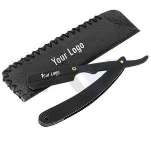 มีดโกนหนวดแบบตรง สีดำด้าน สแตนเลสสตีล พร้อมซองหนัง ราคาถูก รับทำโลโก้ OEM - Product Image 1