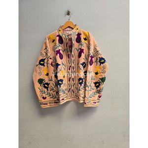 Handcrafted Patterned Design Floral Embroidered Cotton <b>Mandarin</b> <b>Collar</b> <b>Jacket</b> Full Sleeve Spring Wear Elegant Women's Coat - Product Image 1