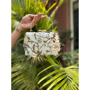 Ivory Floral Embroidered <b>Pearl</b> Clutch Bag | Ornate Beaded Evening <b>Handbag</b> with Chain Handle for Bridal Parties and Special Event - Product Image 3