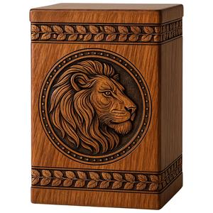 Urna Funeraria de Madera Tallada con León: Recuerdo Conmemorativo Grabado - Product Image 1