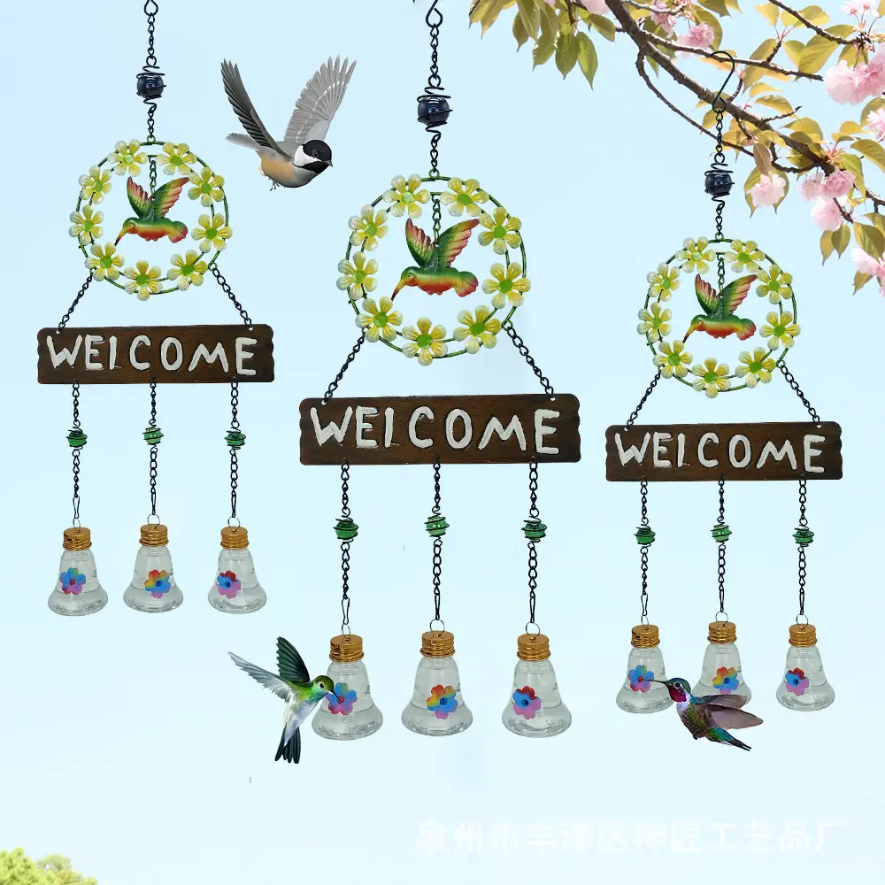 Welcome waterproof metal Hanging Wind chime Wreath Water Feeder Hummingbird dual automatic feeder