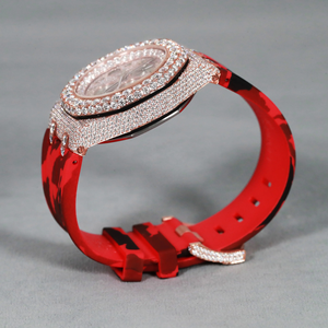 Reloj Mecánico Automático con Bisel de Diamantes en Tono Rosa, Correa de Goma Roja y Negra de 18 mm, con Escala Analógica de Barra - Product Image 2
