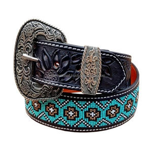 Unisex 1.5 Inches <b>Dark</b> <b>Brown</b> Hand Tooled Leather Beaded <b>Belts</b> Genuine Cowhide Floral Embossed Western Leather Tooling <b>Belt</b> - Product Image 3
