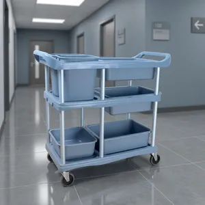Chariot de ménage robuste avec 3 étagères, 4 roues pivotantes, bacs en plastique, structure en acier, capacité de 500 lb, utilisation en intérieur - Product Image 2