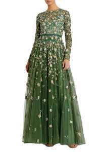 Robe de soirée vert uni asymétrique à sequins en mousseline de soie coupe trapèze avec traîne chapelle longueur ras du sol - Product Image 4