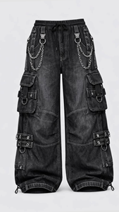 Pantalon cargo en jean noir taille haute pour homme, coupe ample et large, respirant, avec sangles à boucles légères, style streetwear Y2K, utilitaire, ODM - Product Image 5