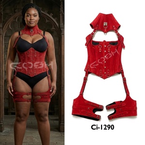Corset sous-poitrine en cuir suédé rouge à baleines en acier avec ensembles de harnais - Product Image 5