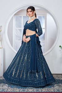 Dark <b>Blue</b> Lehenga Choli Set With <b>Glitter</b> Print Traditional Indian Wedding Wear For Women Floor-Length Polyester Dress - Product Image 2