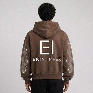 เสื้อฮู้ดผู้ชายสีน้ำตาลของ Ekin Impex ลายเปลวไฟประดับเพชร ซิปยาวเต็มตัว แจ็คเก็ตผ้าฟลีซลำลองสำหรับใส่ในฤดูใบไม้ร่วง - Product Image 4